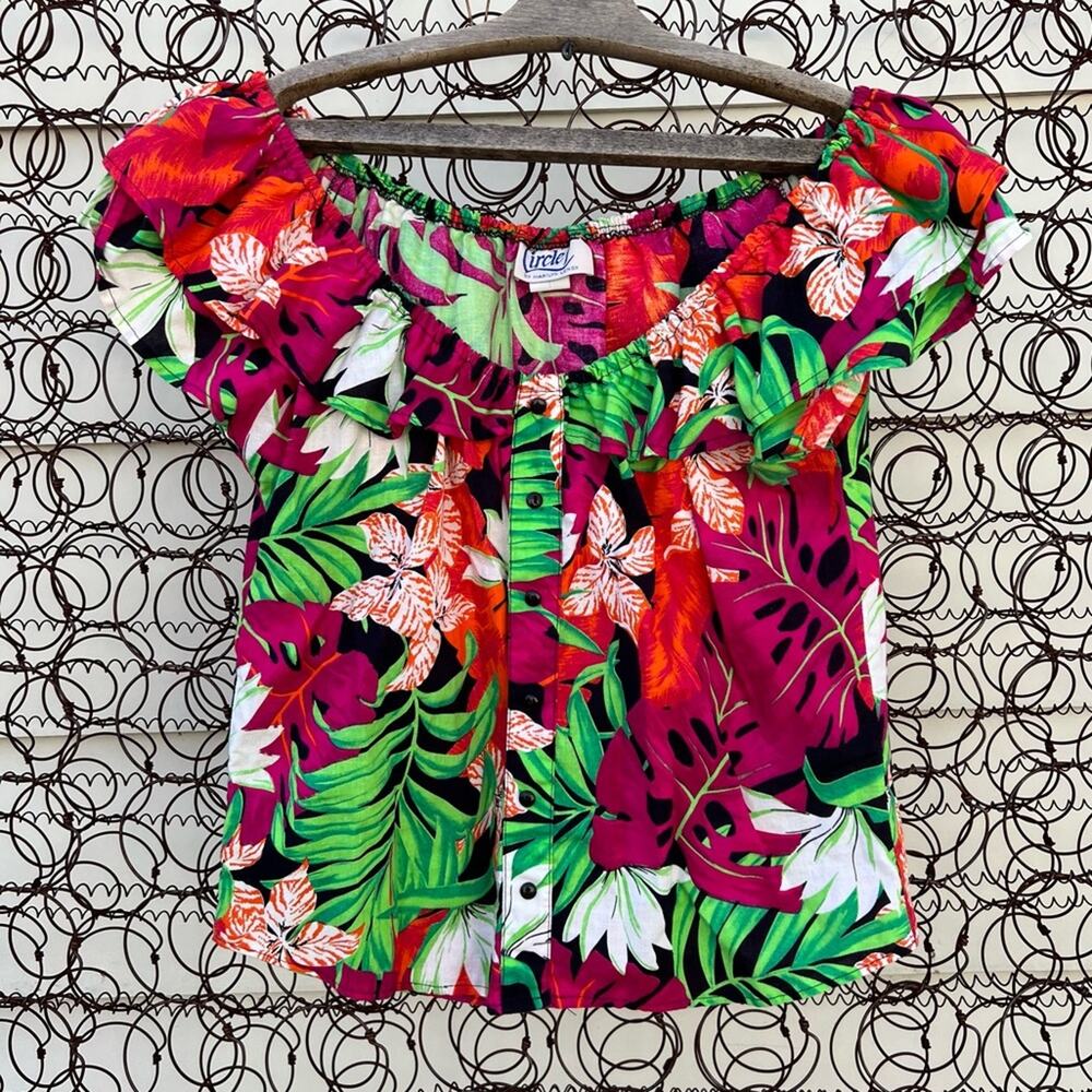Vintage Circle T Hawaiian tropical floral off the shoulder western blouse